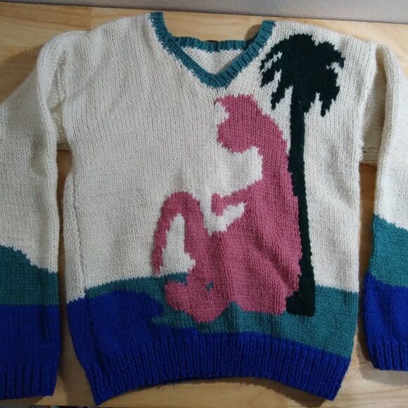 Vintage Pink Dinosaur Tropical Island Knit Wool Sweater - Picture 1 of 5